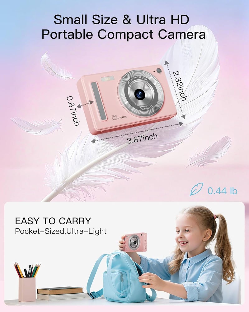 WONNIE كاميرا رقمية، كاميرا تصوير فوري FHD 1080P مع بطاقة SD سعة 32GB، 2 بطاريات، زوم 16X، مضادة للاهتزاز، تصميم صغير مدمج للأطفال والمراهقين والطلاب والفتيات والفتيان (وردي) - Image 4